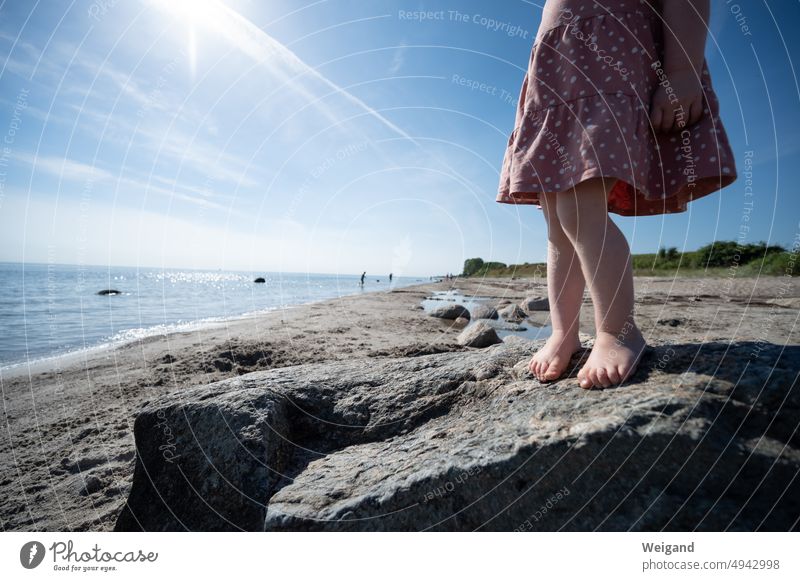 Child standing on a rock on the beach with view of the Baltic Sea and dunes in the background North Sea Ocean Sand Beach Sandy beach Barefoot Stone Rock