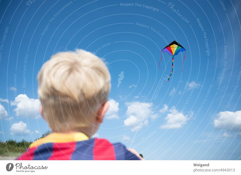 Boy with kite in the air Boy (child) be a child Child Playing Summer Dragon Sky climb the kite Hope Trust tie Development cheerful Force upbringing Beach