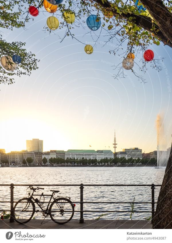 Sommer an der Alster Water Body of water Hamburg Town out Sunlight sunny be out Sports metropolis spires Elbe Philharmonic Hall Church Clouds cloudy travel