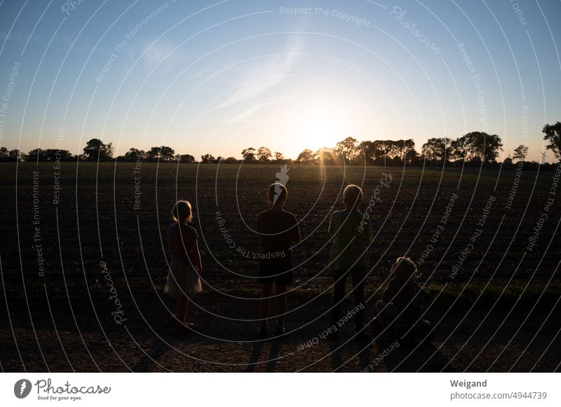 Four children on a meadow at sunset Sunset Back-light evening mood devout Evening Nature natural spectacle attentiveness tailwind Marvel Baltic Sea Moody