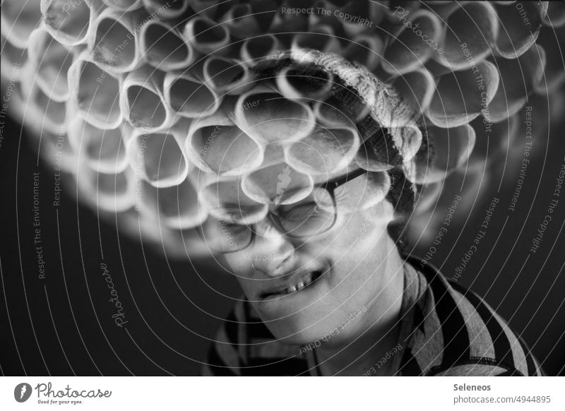 Spring in your head Black & white photo Double exposure Woman portrait Flower Blossom Eyeglasses Person wearing glasses Cap Doubt Human being Adults Looking