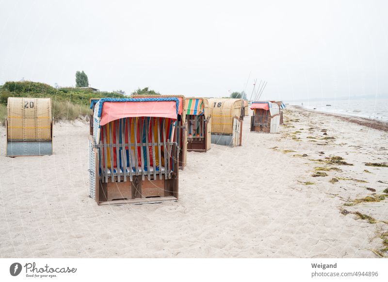 Beach chairs on the beach at the Baltic Sea Schleswig-Holstein Sand tranquillity Holiday season End Closed Ocean Water silent Empty Deserted