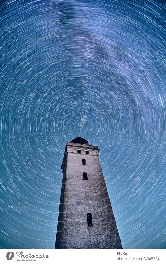Star trails over Rubjerg Knude Starry sky Astronomy stars Sky Night Denmark Universe space Lighthouse Manmade structures Tourism Landmark bay Jutland