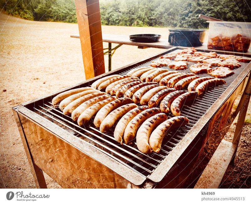 Sausages on the grill BBQ Barbecue (apparatus) barbecue. charcoal sausage Grill BBQ season Bratwurst Fried sausages Bratwursts Barbecue area Steak Warm light