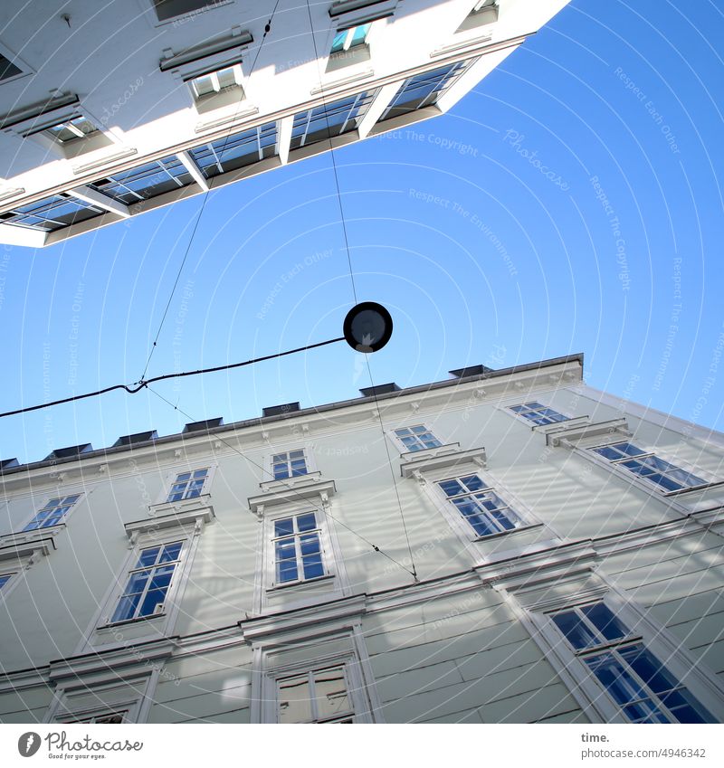 the light above street lamp Summer Street lighting Worm's-eye view Sky clear ensemble Beautiful weather Blue Facade architecture House (Residential Structure)