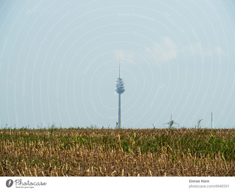 Farmland with television tower Television tower Horizon Arable land Peripherals Outskirts Civilization Sky Contrast Field Agriculture Technology Growth Harvest
