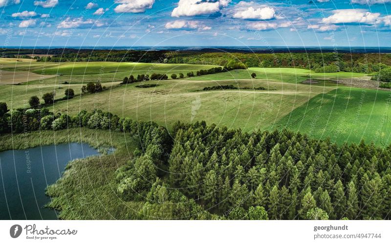 Landscape, forest and a piece of lake in front, wide landscape with slight hills behind. A lot of green. Medium height aerial view Mecklenburg Northern Germany