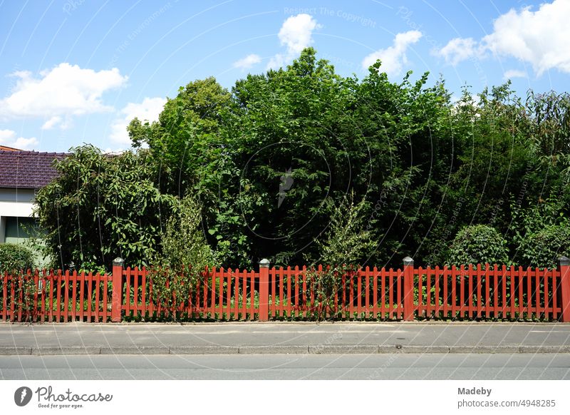 Beautiful red wooden fence in the sunshine in front of a green garden in summer with blue sky and white clouds in Oerlinghausen near Bielefeld on the Hermannsweg in the Teutoburg Forest in East Westphalia-Lippe