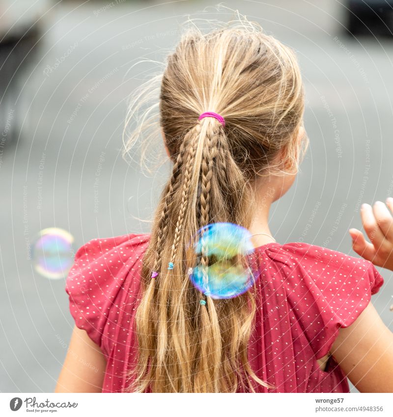 back | filigree hair ornament topic day ambush Hair accessories soap bubbles Dazzling variegated Child Girl Rear view long hairs Exterior shot Infancy
