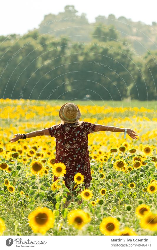 Woman among the sunflowers receive the beautiful afternoon sun. abstract agriculture backgrounds blooming blossom blurred background bright close-up collection