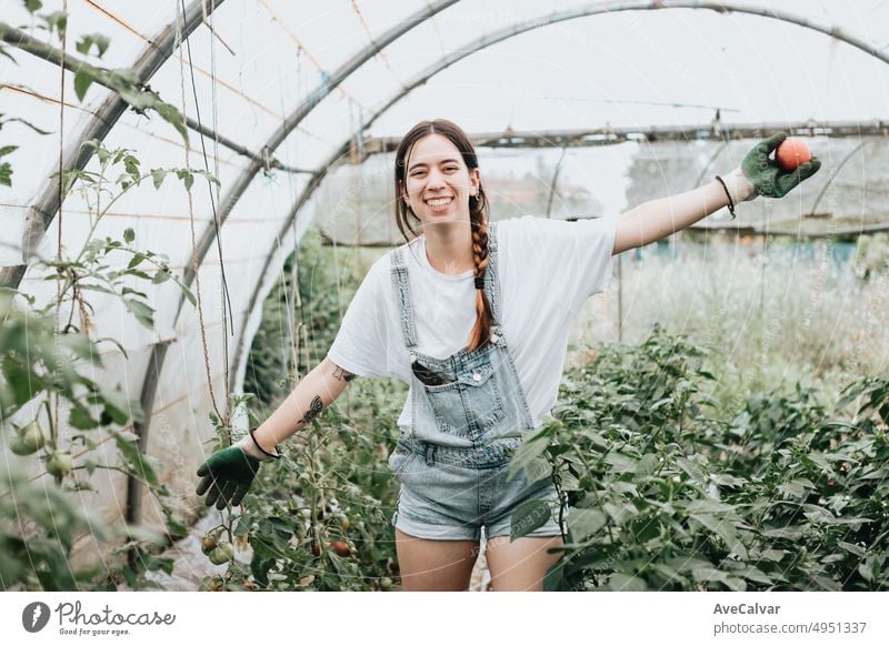 Portrait of a Happy and positive young adult woman working in greenhouse while using gloves to grow vegetables. Sustainability and healthy food concept. Bio eco. Organic raw products grown on a home farm