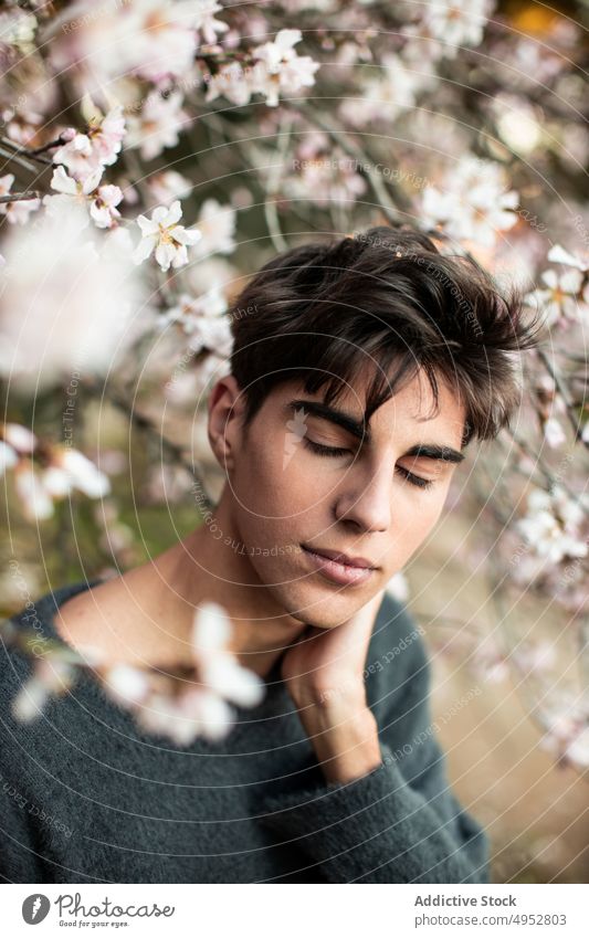 Young Man With Closed Eyes Under Blooming Tree nature tree outdoors model park flower almond bloom blossom blur botany branch calm elegant environment