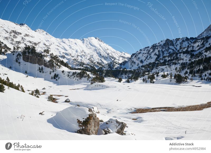 Snowy mountain peaks surrounded by dense forest range nature ridge snow highland environment landscape rock woods wild slope rocky pyrenees winter spain