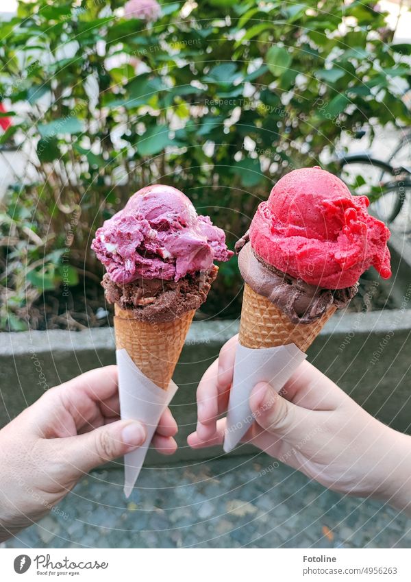 On a hot summer day, we treat ourselves to a delicious ice cream in a crispy waffle. Ice Ice cream Summer Food Colour photo Dessert Eating Chocolate ice cream