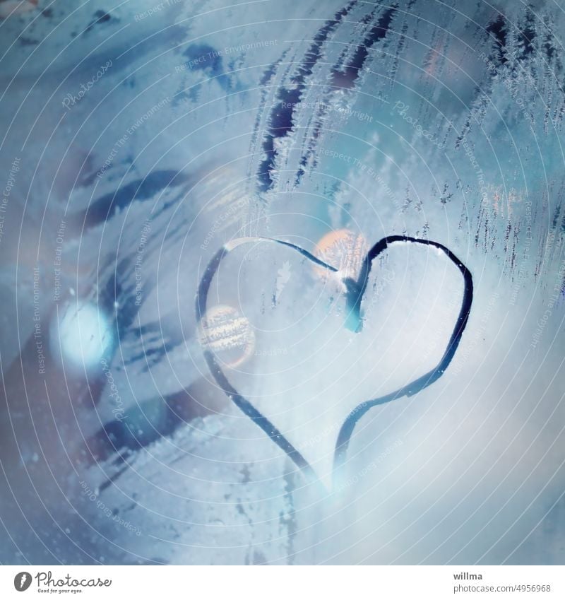 The cold heart Heart Ice Cold Frostwork Winter Window pane Frozen symbol Emotions Love Infatuation With love Display of affection Declaration of love Romance
