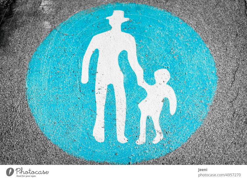 Little child at the hand of a sheltered man Child Man Hat Going Street Education Road sign Blue Lanes & trails mark pedestrian walkway Footpath Pictogram