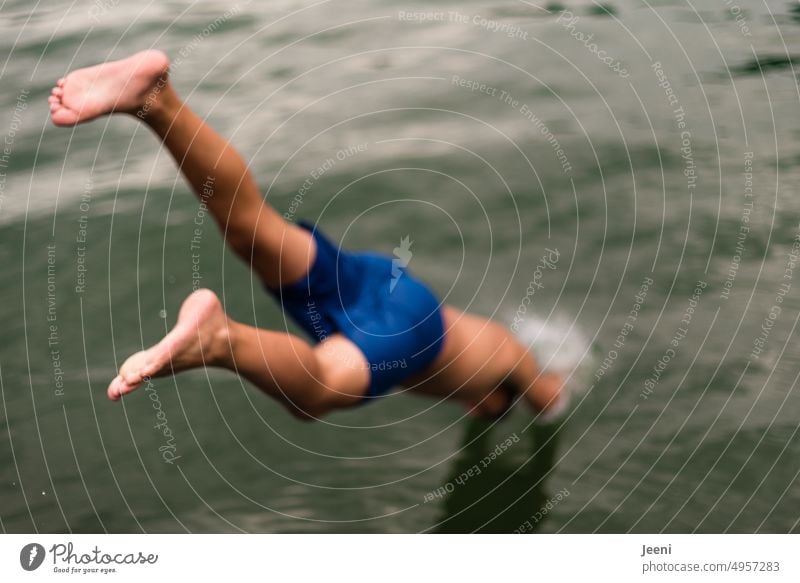 Jump into the water Lake Water Headfirst dive upside down Summer Swimming & Bathing Refreshment Dive Wet Inject feet Legs Human being Body immerse Freedom