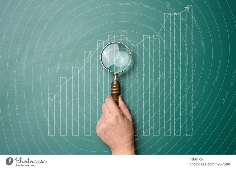 A graph drawn with white chalk with growing indicators and a woman's hand with a magnifying glass arrow graphic business buy commerce green growth high increase