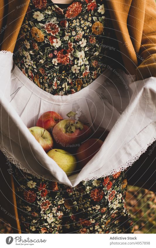 Woman with fresh ripe fruits in autumn orchard woman apple apron crop harvest food dress horticulture healthy natural garden nutrition gardener female