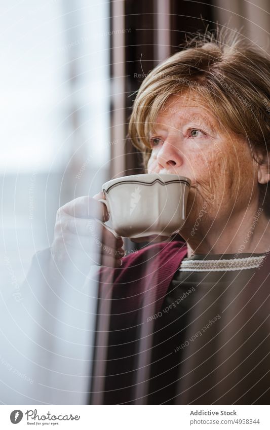Pensive elderly woman drinking hot beverage near window cozy cup home pensive rest retire female casual room lifestyle contemplate relax dreamy aged peaceful