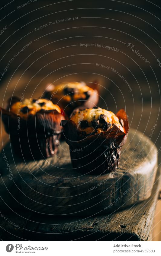 Muffins with chocolate chips on dark wooden background baked breakfast butter cake cupcake dessert food muffin sweet fresh delicious tasty yummy calories snack