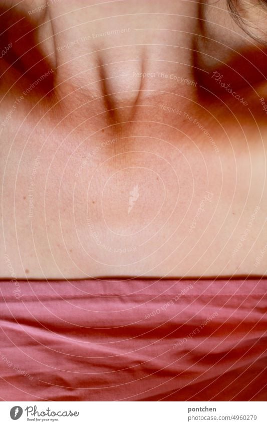 A woman lies under the covers. Naked skin. Neck and torso and Duvet Skin Pink Concealed covered Woman Feminine Adults Interior shot Cloth Body Parts of body