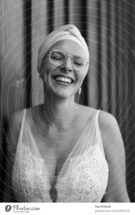 BRIDE - HAPPY Bride Wedding eyes closed Black & white photo Eyeglasses Headscarf Hair and hairstyles fortunate Laughter naturally Feminine Woman Adults Joy