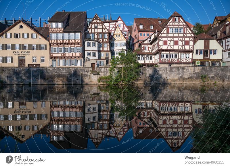 Row of old, newly renovated, nested half-timbered houses in Schwäbisch Hall behind a low river wall with the Kocher in the foreground and a tree growing in the center of the picture in front of the wall out of the water in which the scenery is reflected