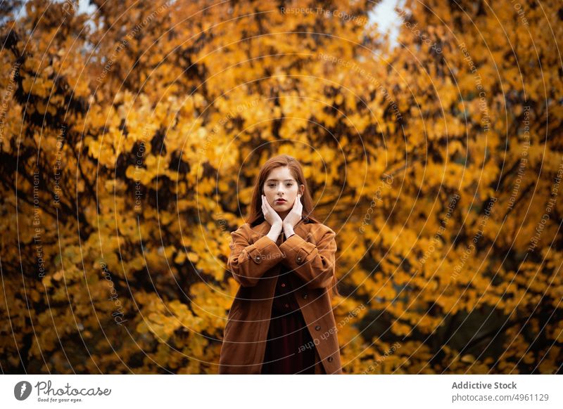 Serious woman covering ears in autumn forest golden cover ears serious orange fall charming tree female silence soft calm quiet hush nature season warm peaceful
