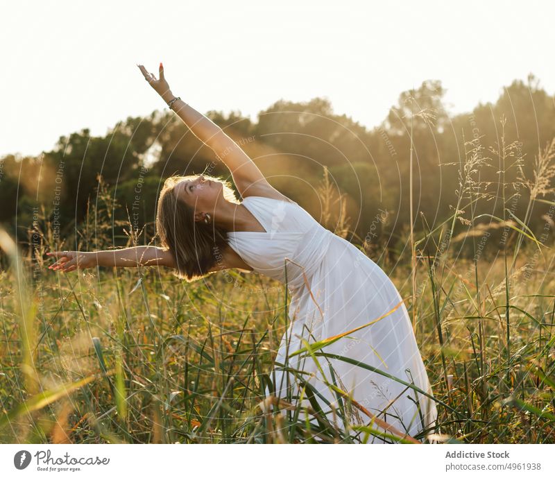 Woman dancing in field at sunrise woman dance summer countryside nature grass bend grace female white dress sunlight sunset meadow morning sunlit daytime dawn