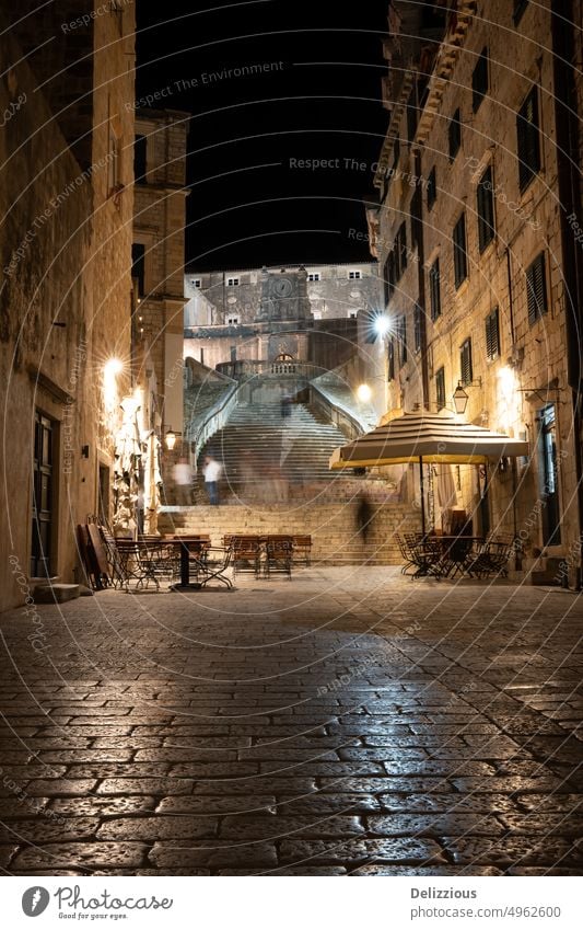 Jesuit steps or staircase in Dubrovnik old town at night jesuit stairs dubrovnik croatia evening lights beautiful city roofs buildings facade no people