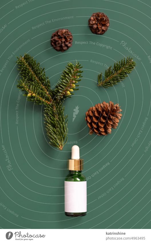 Dropper Bottle near fir branches and pine cones on green top view. Brand packaging mockup glass bottle dark green copy space Brown One pump skincare cream serum