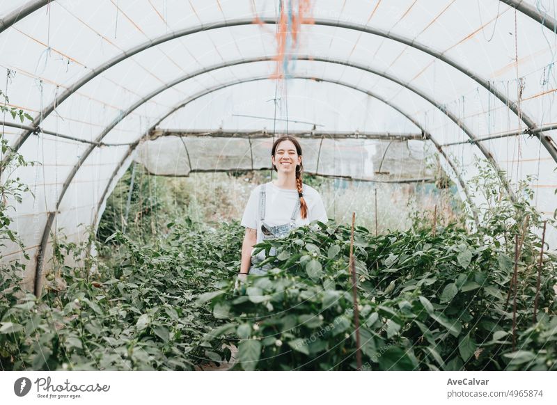 Young woman standing smiling to camera in the middle of orchard greenhouse vegetable plot . Rural lifestyle, new jobs, first time working. Happy about launching a new company. Work overall