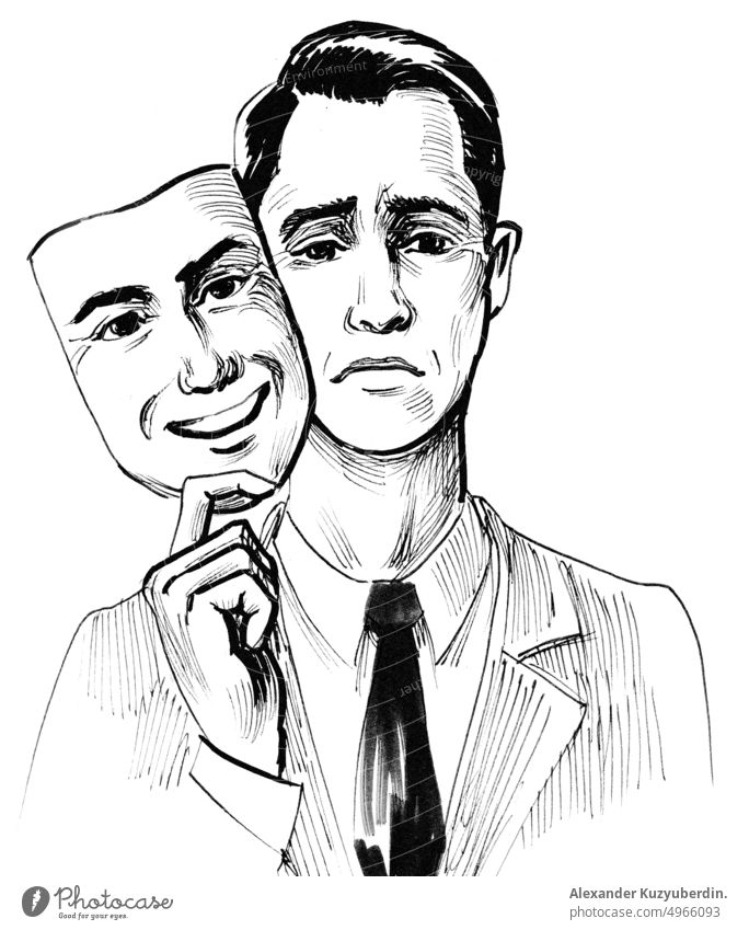 Sad man with smiling mask. Ink black and white drawing mental health mind sad depression depressed male character art artwork illustration sketch ink happy