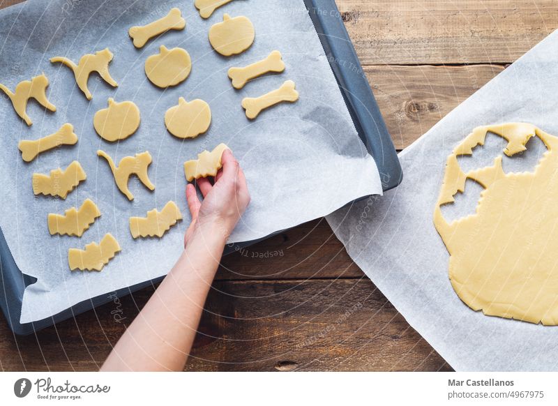 Hand preparing cookies in different shapes for Halloween. Copy space. body part variety food sweet dessert cat bat pumpkin bone delicious celebration baking