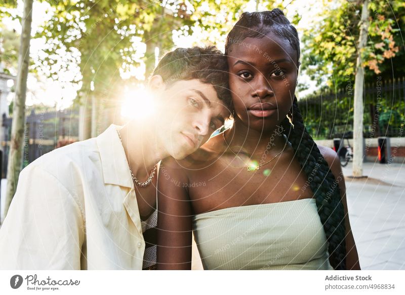 Young multiethnic couple on street style urban urbansunlit together appearance portrait girlfriend boyfriend diverse multiracial black african american modern