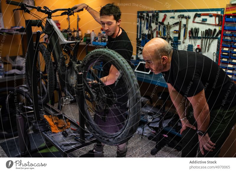 Male mechanics examining bicycle in workshop repair examine men together service adult store bike job professional check fix vehicle transport focused