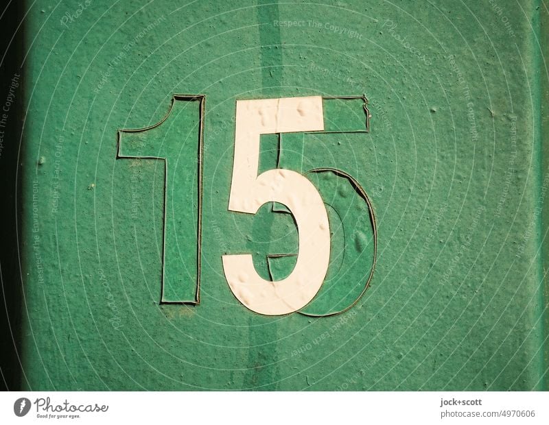 15 becomes 5 number Change Surface Green Weathered Typography glued Varnish Signs and labeling Authentic Ravages of time Relay Transience Detail Past coated