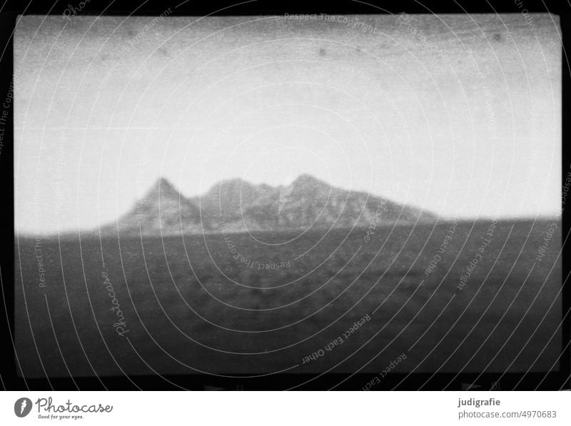Norwegian island photographed analog Norway Island Ocean Water hazy Unclear Memory Old Black & white photo voyage seafaring coast Scandinavia Fjord Lofotes