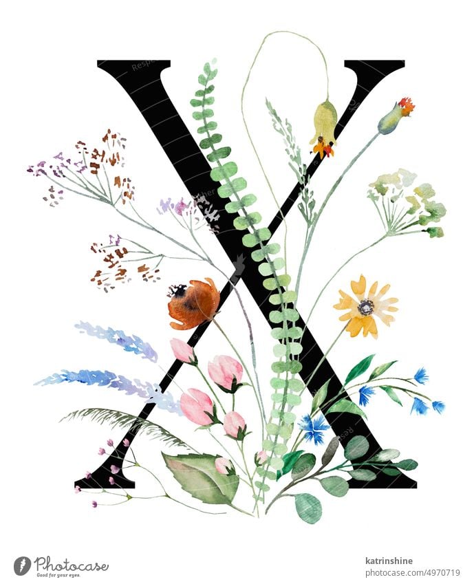 Black capital letter X with watercolor wildflowers and leaves, isolated wedding element Birthday Botanical Character Drawing Element Garden Hand drawn Holiday