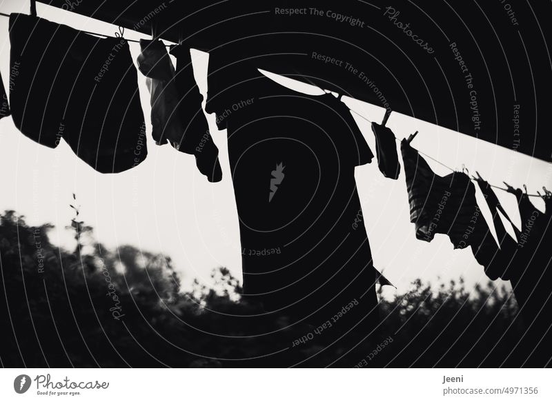 washing day Laundry clothesline black-and-white Silhouette Dry garments Hang Hang up Washing day Fresh somber outline Photos of everyday life Clothing