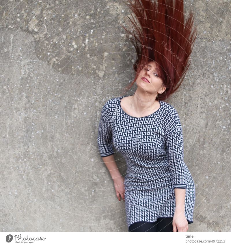 woman in motion Dancer Woman Feminine Long-haired Red-haired Wall (barrier) Hair and hairstyles Front view Movement Wall (building) portrait Emotions Ease