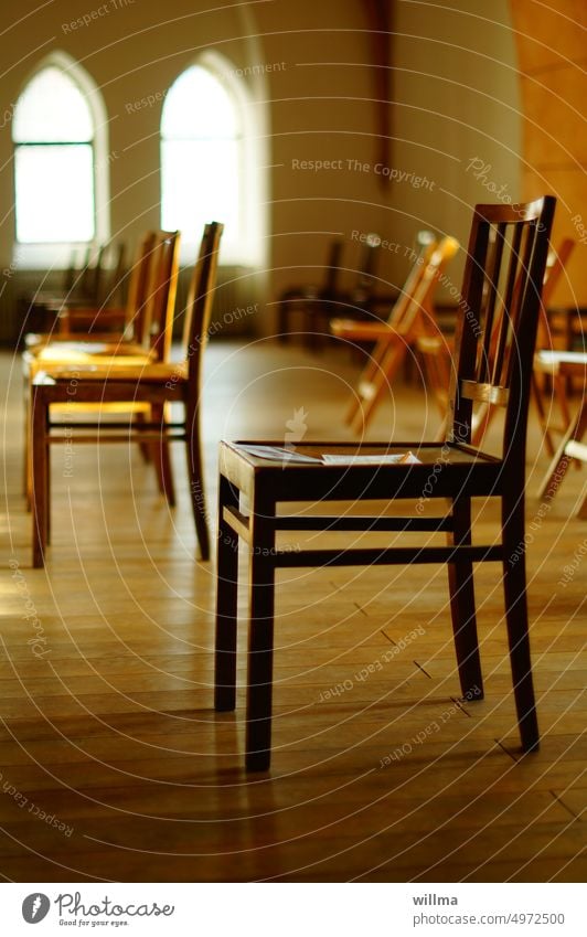 stool sample chairs Empty Wooden chairs Church Religion and faith religion Christianity prayer hour Evening Prayer Singing lesson gap pandemic corona