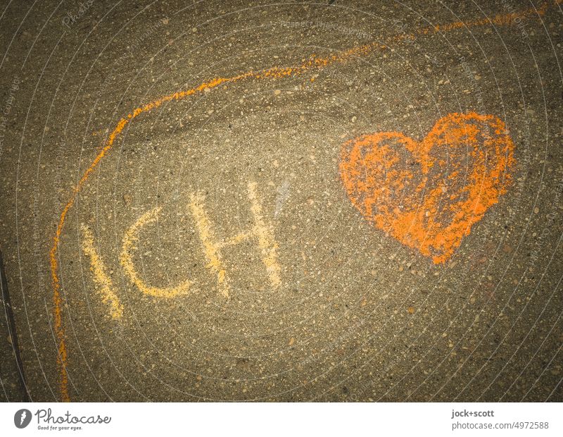 Love & Self Love Word German Sidewalk Chalk Handwriting Street art Characters Detail Neutral Background Capital letter myself Chalk drawing Line Heart (symbol)