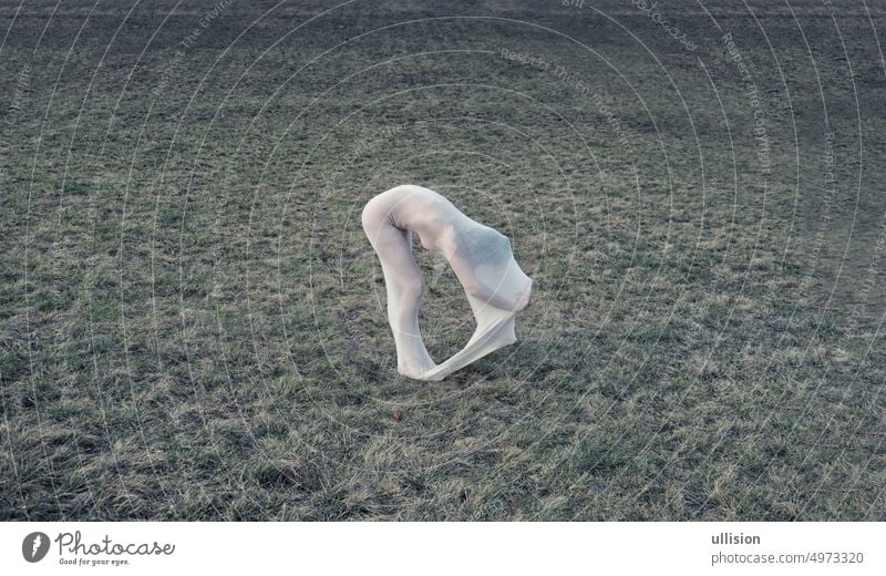 sexy young nude woman in white transparent cotton stocking dress standing as a modern living sculpture on rural meadow copy space statue artistic beautiful