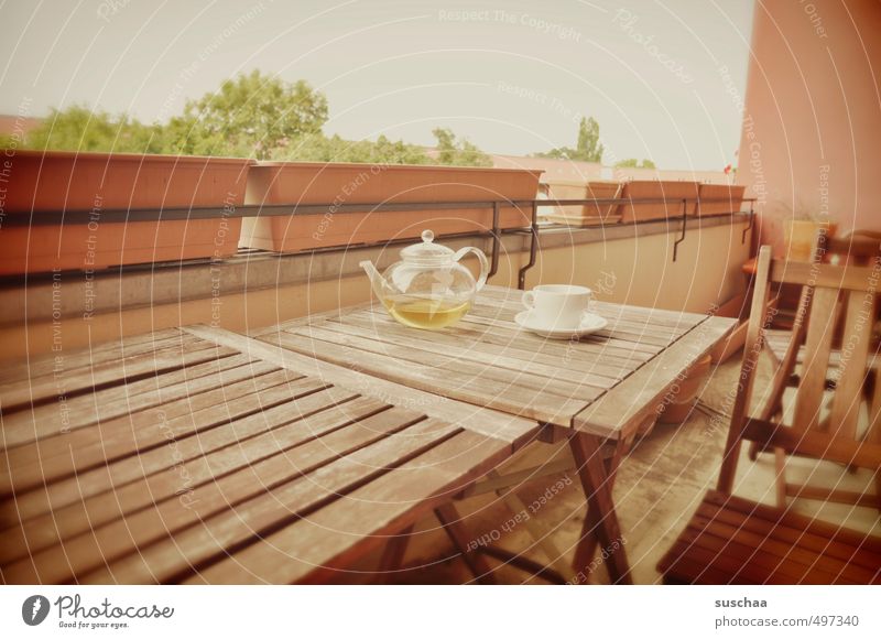 bye, dear anne ... Town Building Balcony Brown Expressionless Table Feces Teapot Tea cup Wood Colour photo Subdued colour Exterior shot Deserted Copy Space top