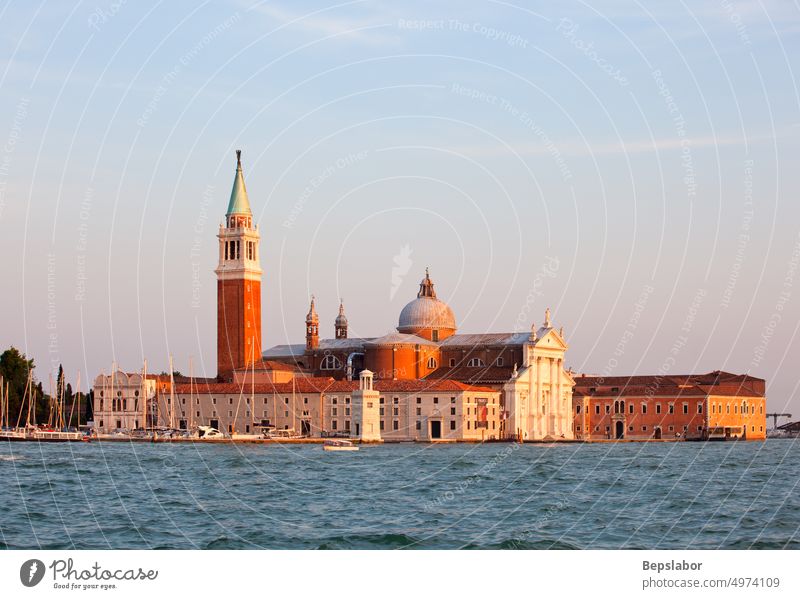 The church of St. George at sunset, Venice European Renaissance San Giorgio Maggiore Venetian art attraction basilica bell boat boats building canal card