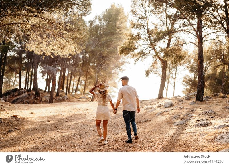 Couple holding hands walking against green forest in evening couple happy park romantic love stroll girlfriend boyfriend date countryside freedom vacation