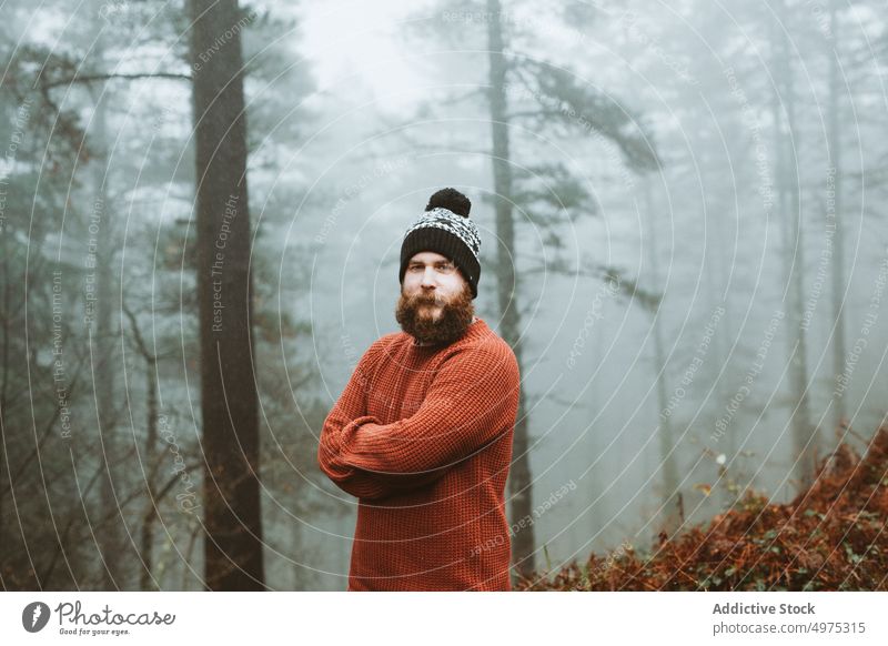 Bearded guy in sweater and hat near fir trees man forest rain coat cold weather water drop rainy bearded thoughtful wood thinking young countryside walking park