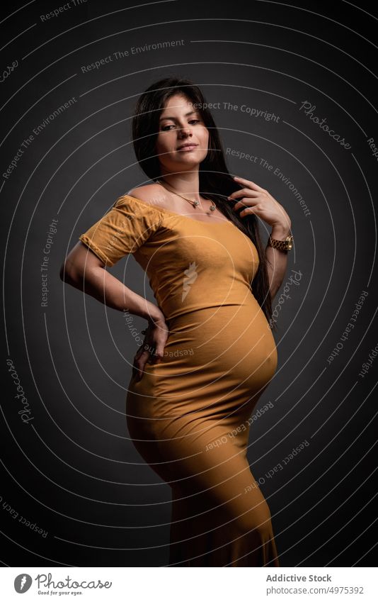 Elegant pregnant woman in maxi dress belly dreamy expect maternal motherhood pregnancy elegant female love yellow tummy baby care await tender brunette charming